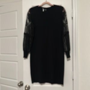 NY Collection Black Sweater Dress with Sheer Lace Floral Sleeves